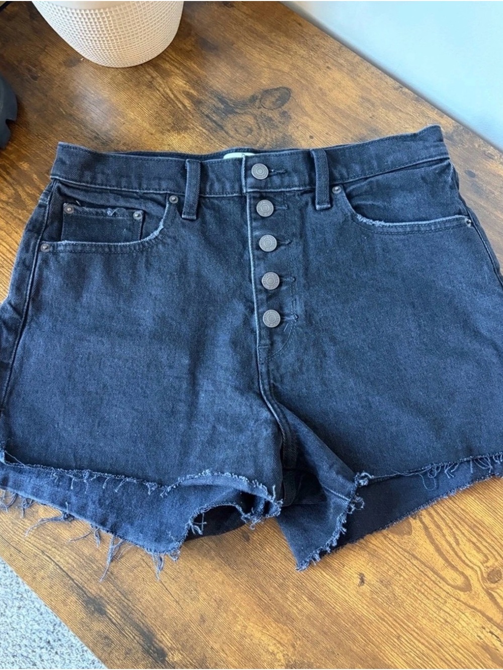Abercrombie & Fitch Mom High Rise Black Raw-Hem Button-Front Jean Shorts 29/8